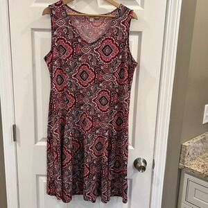 Studio Works Red Black Paisley Medallion V-Neck Sleeveless A-Line Knit Dress L